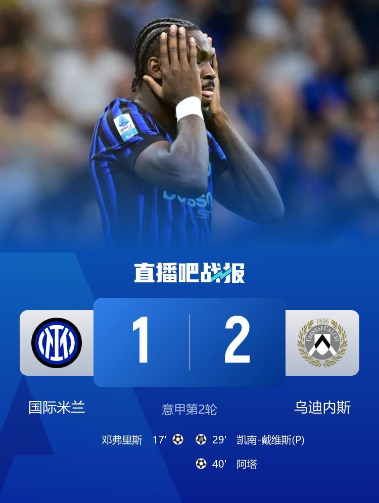 联赛首败！国米连丢2球1-2遭乌迪内斯逆转 邓弗里斯破门+手球送点